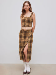 Wool-look High Rise Plaid Split Maxi Skirt