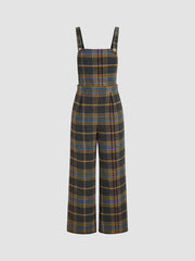 Tweed Plaid Button Up Wide Leg Jumpsuit