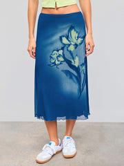 Mesh Mid Rise Floral Maxi Skirt