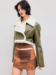 Fleece Contrast Faux Leather Cropped Shearling Jacket