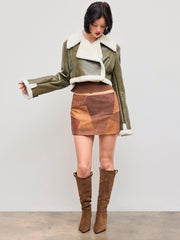 Fleece Contrast Faux Leather Cropped Shearling Jacket