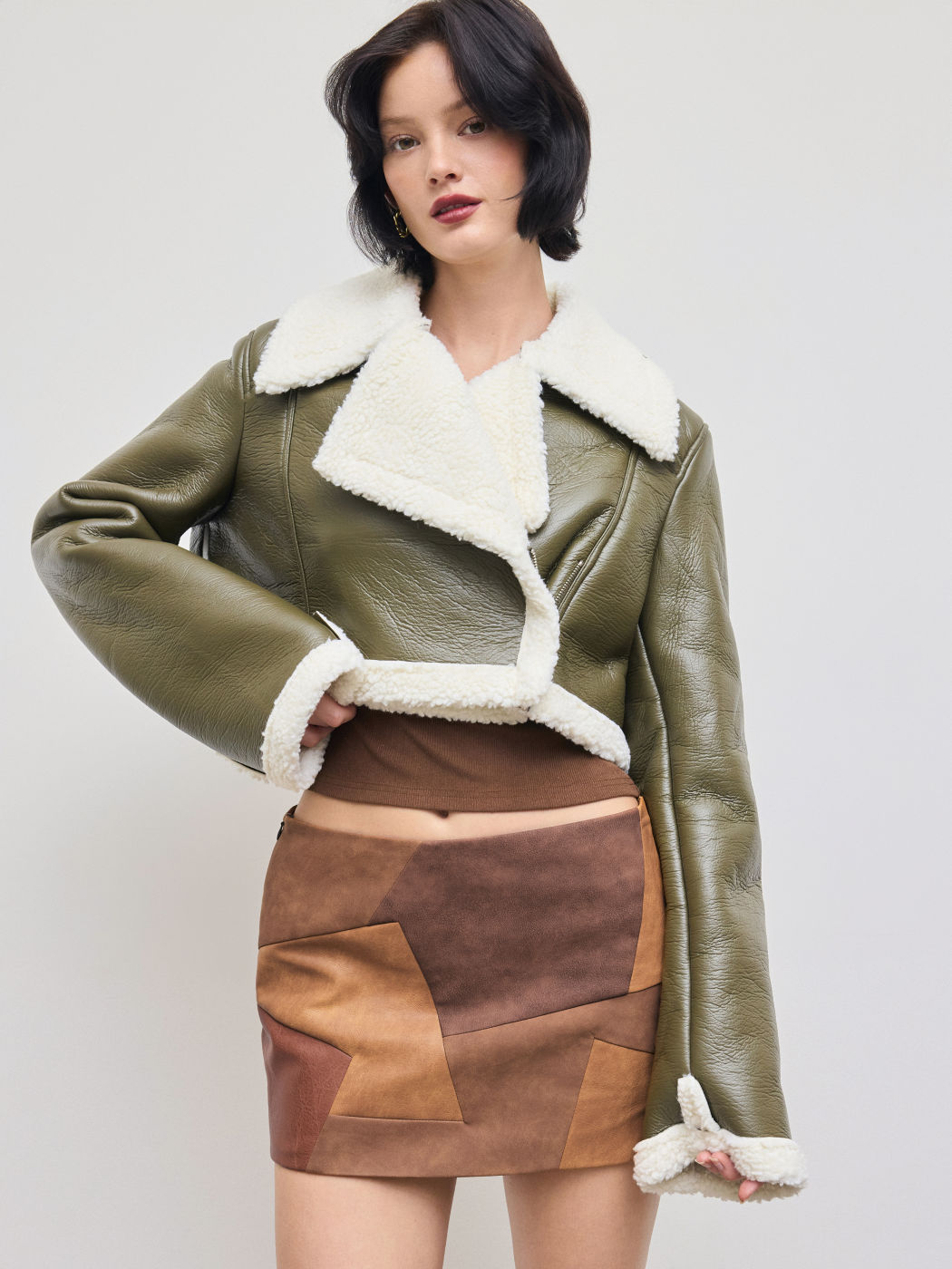 Fleece Contrast Faux Leather Cropped Shearling Jacket