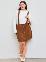 Corduroy Floral Embroidery Button Overall Mini Dress Curve & Plus