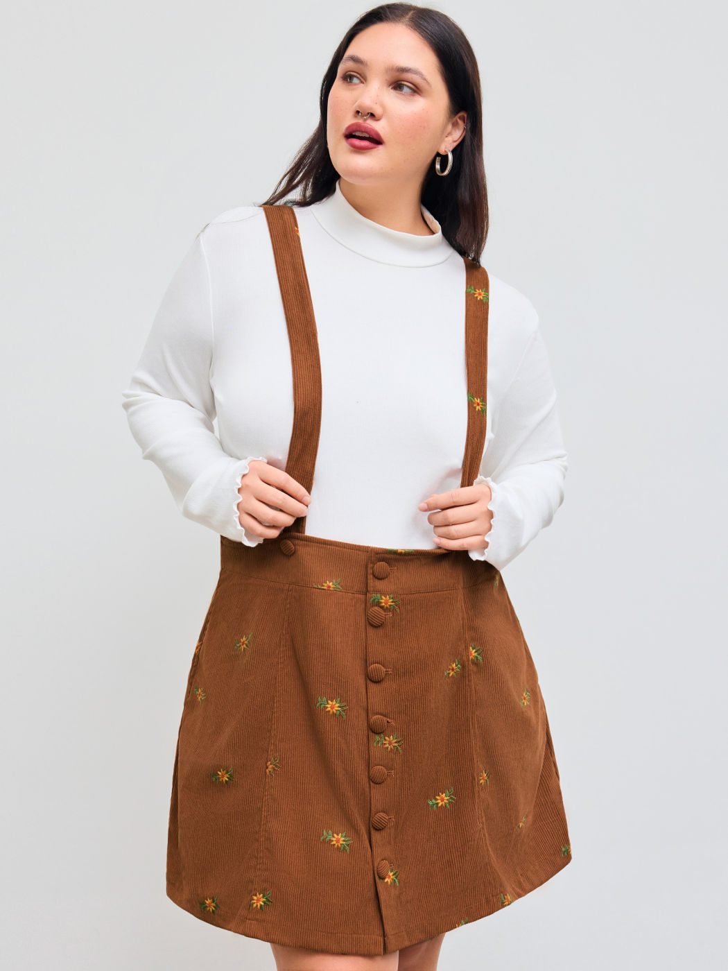 Corduroy Floral Embroidery Button Overall Mini Dress Curve & Plus