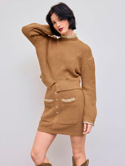 Knit High Neck Lace Trim Long Sleeve Top