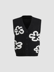 Knit V-neck Floral Oversized Vest