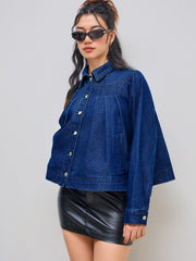 Denim Collar Pleated Oversized Jacket