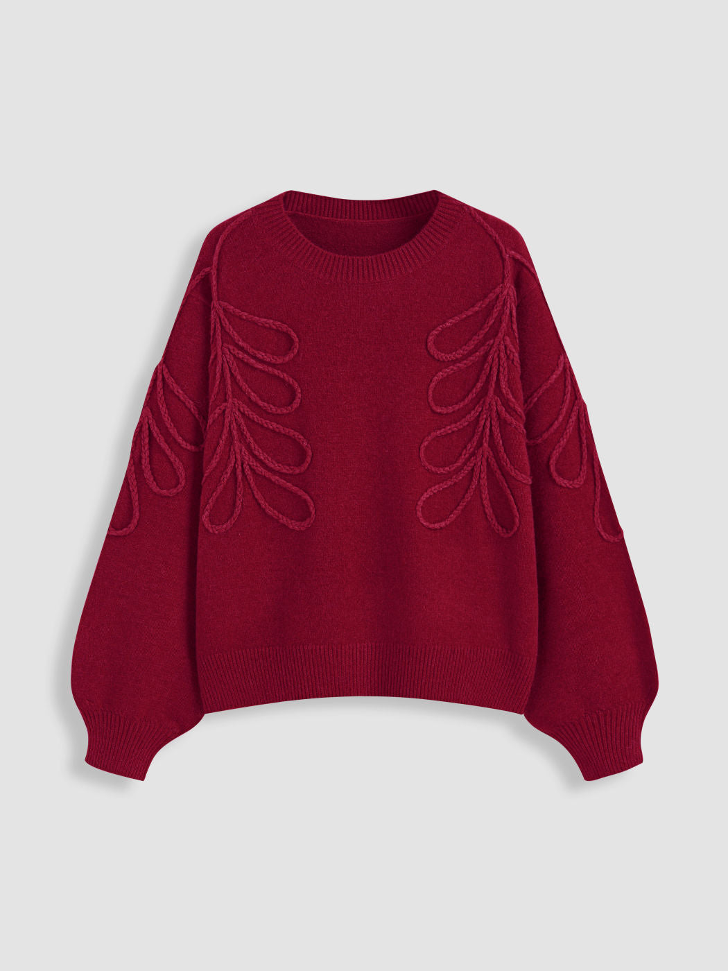 Knit Round Neckline Leaf Braid Oversized Sweater