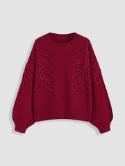 Knit Round Neckline Leaf Braid Oversized Sweater