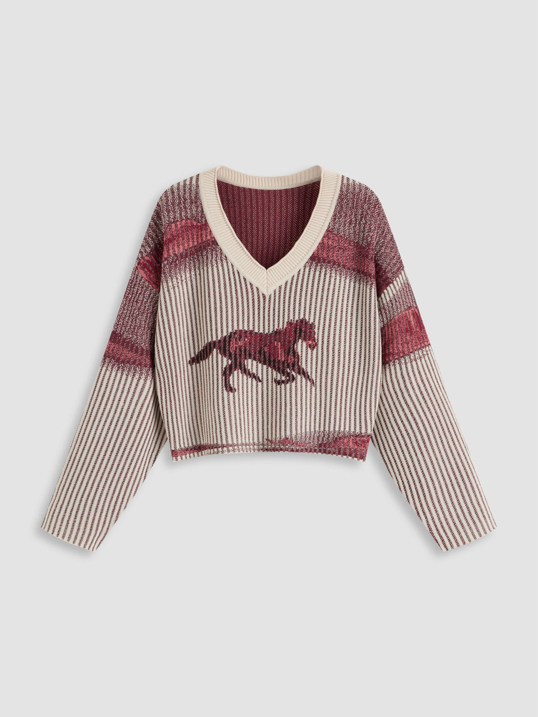 Knitted V-neck Horse Stripe Long Sleeve Sweater