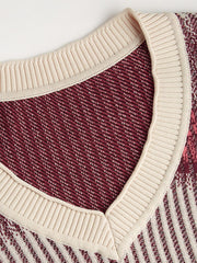 Knitted V-neck Horse Stripe Long Sleeve Sweater