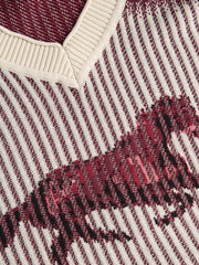 Knitted V-neck Horse Stripe Long Sleeve Sweater