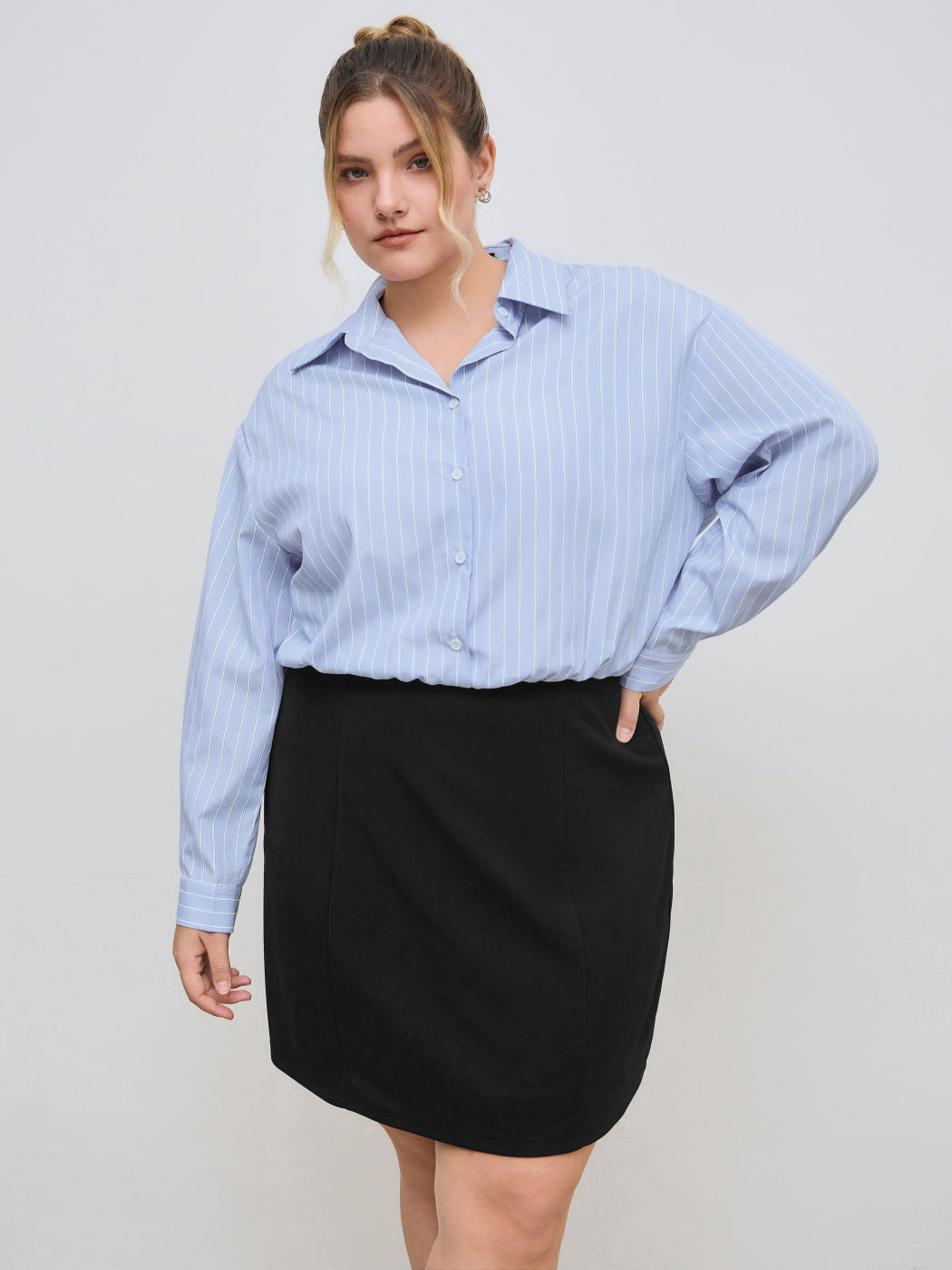 Collar Striped Two Tone Patchy Mini Shirt Dress Curve & Plus