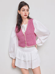 Tweed V-neck Cropped Blazer Vest With Contrasting Binding