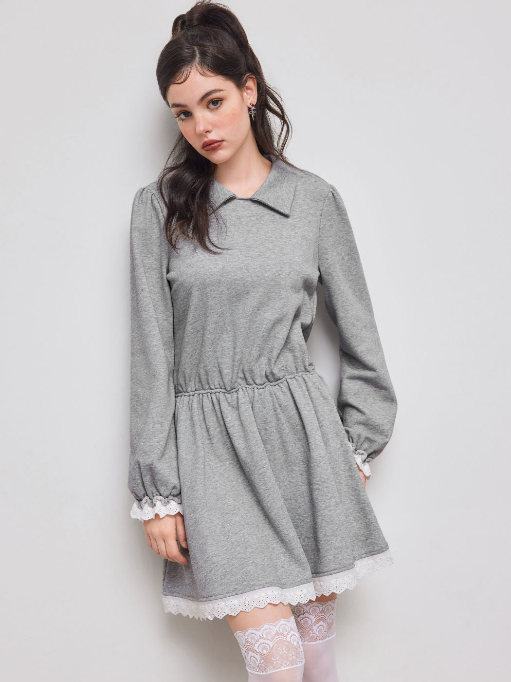 Terry Round Neckline Ruffle Broderie Anglaise Trim Mini Dress