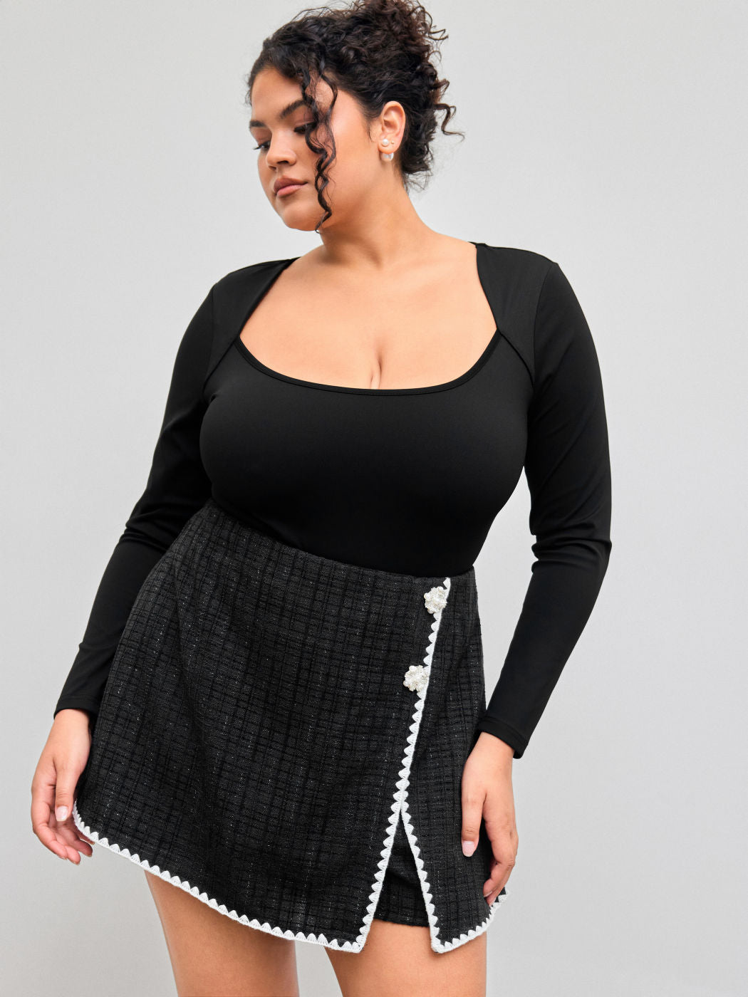 Square Neck Solid Long Sleeve Bodysuit Curve & Plus