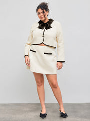 Tweed Collar Contrasting Binding Knotted Pocket Crop Top Curve & Plus