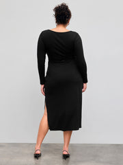 Round Neckline Solid Knotted Midi Dress Curve & Plus
