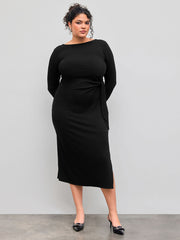 Round Neckline Solid Knotted Midi Dress Curve & Plus