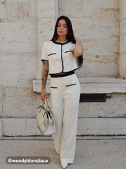 Woven Mid Rise Solid Contrasting Binding Pearl Button Straight Leg Trousers