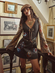Wool-look V-neck Oil Painting Applique Mini Dress