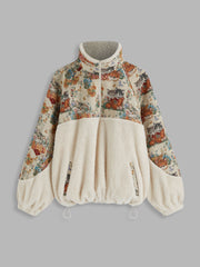 Fleece Collar Floral Cat Drawstring Sweatshirt Curve & Plus