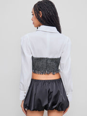 Tweed Collar Patchy Fringe Crop Blouse