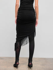 Mid Rise Ruched Fringe Asymmetrical Midi Skirt