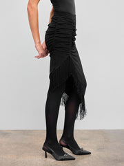 Mid Rise Ruched Fringe Asymmetrical Midi Skirt