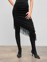 Mid Rise Ruched Fringe Asymmetrical Midi Skirt