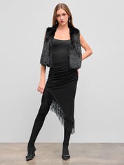 Mid Rise Ruched Fringe Asymmetrical Midi Skirt