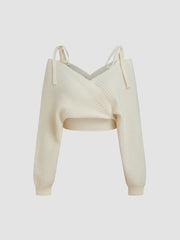 Knit V-neck Bow Wrap Oversized Crop Sweater
