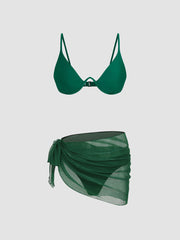 3Pcs Underwire Solid Bikini Set With Mesh Sarong