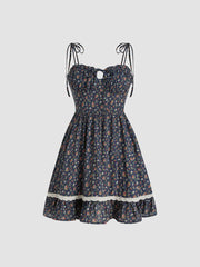 100% Cotton Sweetheart Floral Knotted Tiered Mini Dress