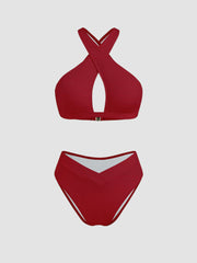V-neck Solid Criss Cross Bracelet Cheeky Bikini Swimsuit