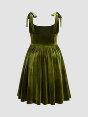 Velvet Square Neckline Knotted Ruffle Midi Dress