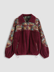 Fleece Collar Floral Cat Drawstring Sweatshirt Curve & Plus