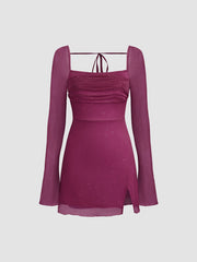 Square Neck Solid Glitter Knotted Mini Dress