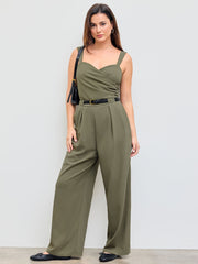 V-neck Solid Ruched Wrap Jumpsuit With Belt