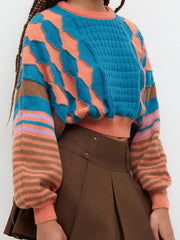 Round Neckline Position Stripe Knitted Crop Sweater