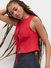 Linen-blend Round Neckline Solid Knotted Cut Out Top