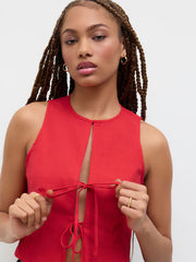 Linen-blend Round Neckline Solid Knotted Cut Out Top