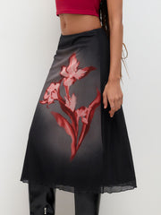 Mesh Mid Rise Floral Maxi Skirt
