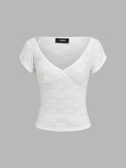 Lace V-neck Floral Short Sleeve Tee