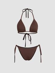 Ribbing Halter Neckline Knotted Halter Tie Side Bikini Set