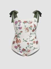 Shaping Square Neck Fruit & Floral Contrasting Binding Knotted One Piece Swimsuit Curve & Plus