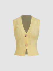 Knit V-neck Solid Metal Button Vest