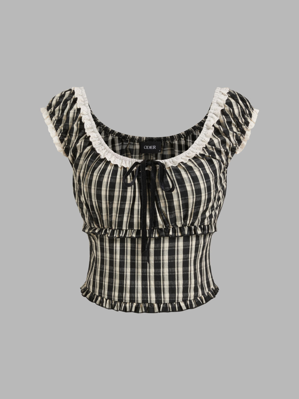 100% Cotton Check Knotted Lettuce Trim Shirred Top