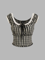 100% Cotton Check Knotted Lettuce Trim Shirred Top