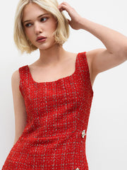 Tweed Square Neck Solid Pearl Button Split Mini Dress